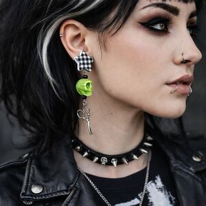 Handmade Black and White Gingham Stars Lime Green Skulls Scissors Earrings